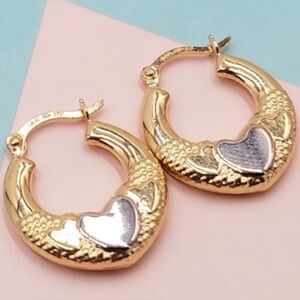 14 kt Yellow and White Gold Puff Heart Hoop Earrings